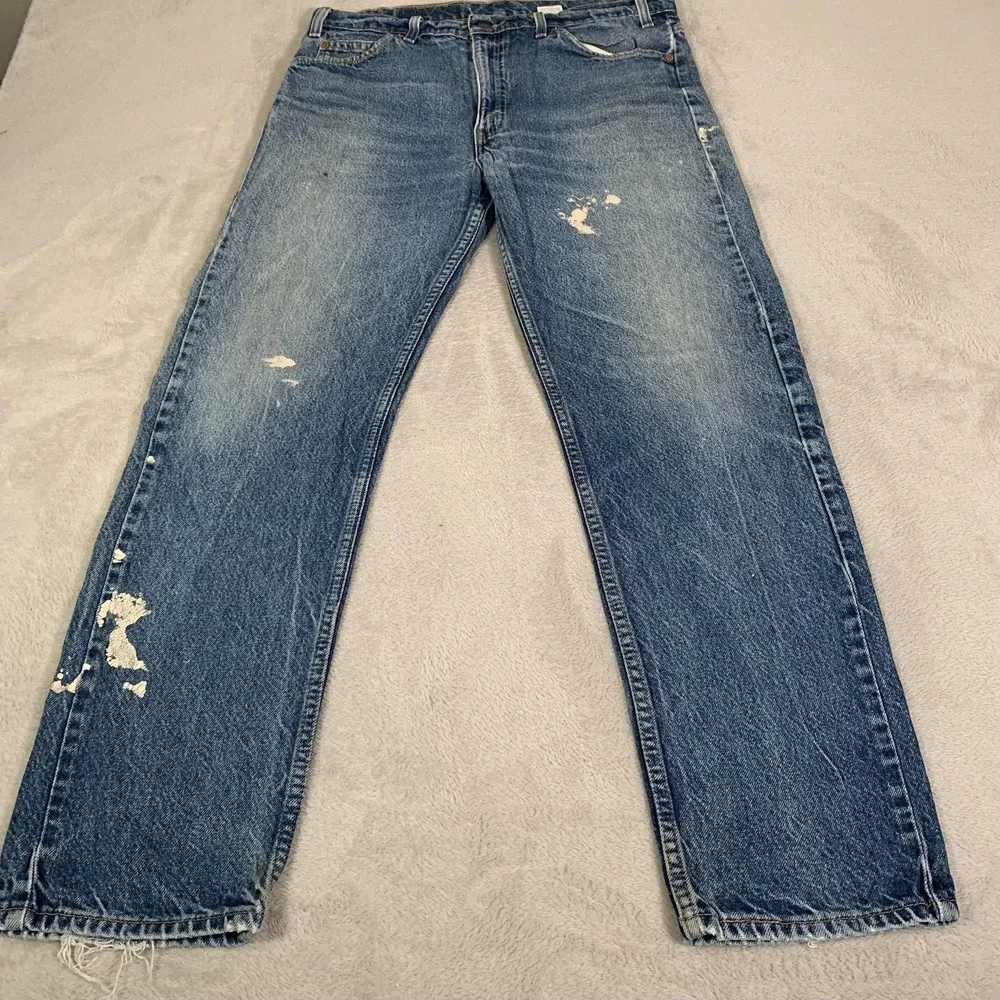 VTG Levis 505 Jeans Mens 36x31 Blue Light Wash Distressed Painter Orange Tab 90s